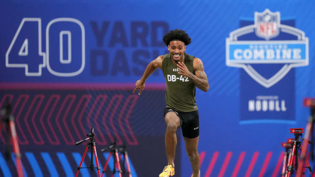 Clemson defensive back Nate Wiggins (DB42) works out during the 2024 NFL Combine at Lucas Oil Stadium.